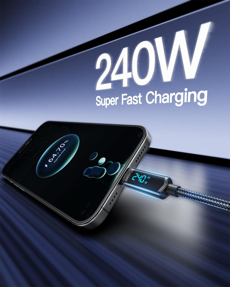 SOOPII USB C to USB C Cable [10ft/2Pack], 240W USB C Cable,Nylon Braided Type C Fast Charging Cables with LED Display for lPhone 16/15 Pro Max, Galaxy S25/S24, MacBook Pro/Air, iPad, Laptop,Black Black 10 Feet (2-Pack) 240W