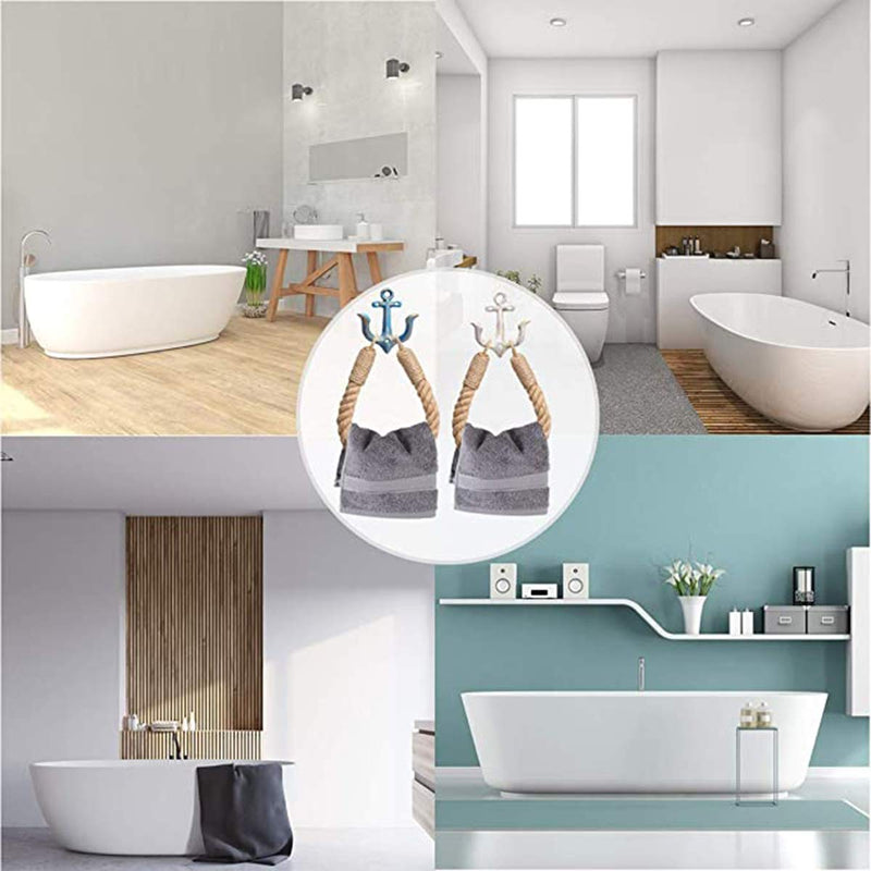2 Pcs Nautical Rope Toilet Paper Holder Wall-Mounted Towel Ring Nautical Toilet Paper Holder with Metal Hooks Coastal Towel Rack Natural Antique Rope （White+White） White+white