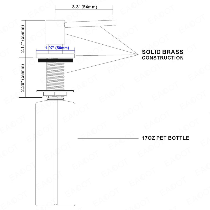 EADOT All Brass Soap Dispenser for Kitchen Sink Countertop Sink Soap Dispenser 17 OZ Bottle Built in Refill from The Top with Long Spout (Brushed Nickel) Brushed Nickel