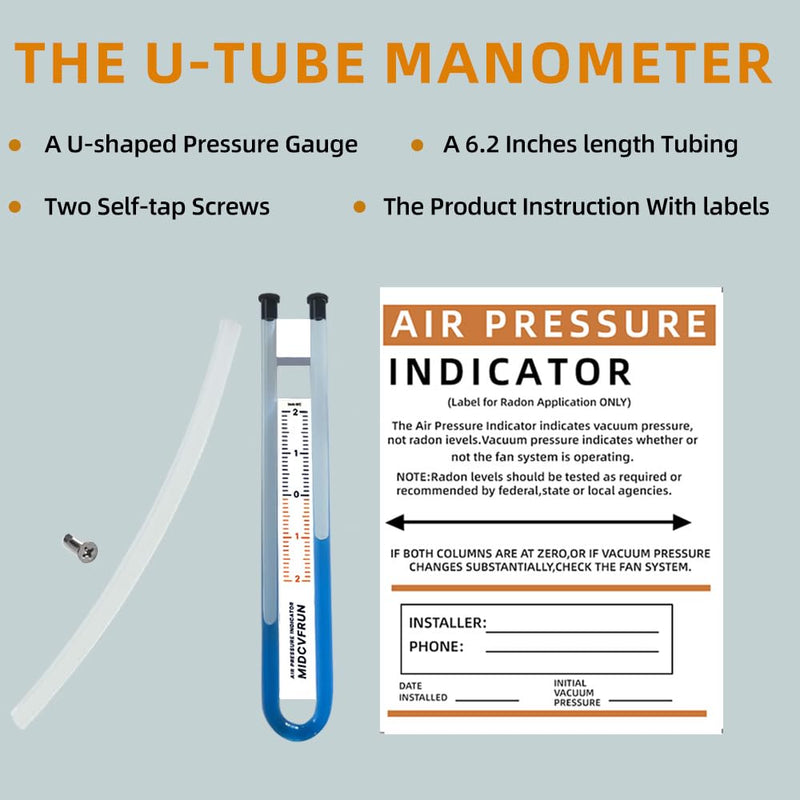 Easy Read Manometer, Professional U-Shaped Air Pressure Indicator Pressure Gauge for Radon System Monitoring