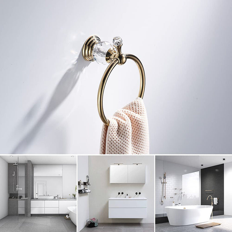 WOLIBEER Gold Towel Ring, Crystal Hand Towel Holder Polished Brass Bling Towel Bar Bathroom Accessories Wall Mounted