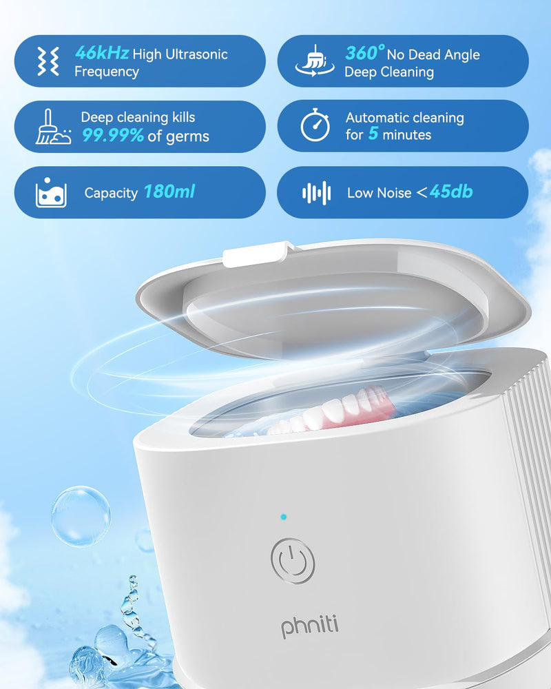 [Australia - AusPower] - Ultrasonic Jewelry Cleaner, Phniti 46kHz Professional Portable Ultrasonic Retainer Cleaner Machine with Timer for Dental Retainer, Mouth Guard, Watch, Ring, Diamond - Household Use, White 1 PACK 