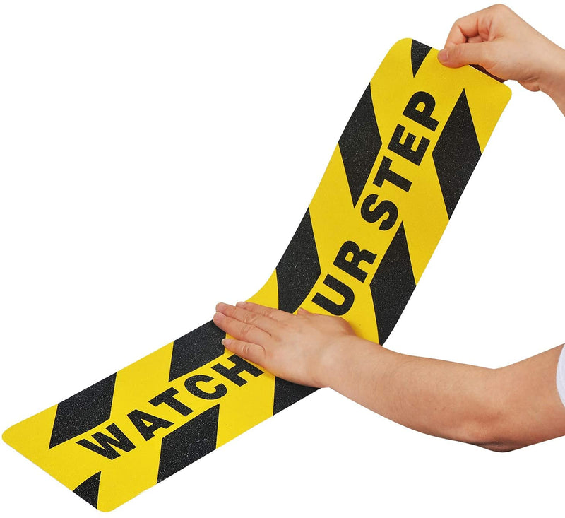 6" x 24" Watch Your Step Floor Tape Anti Slip Warning Sign Sticker Adhesive Non- Slip Abrasive Decal for Workplace Home Safety Wet Floor Caution (6" x 24" / 12pcs) 6" x 24" / 12 pieces