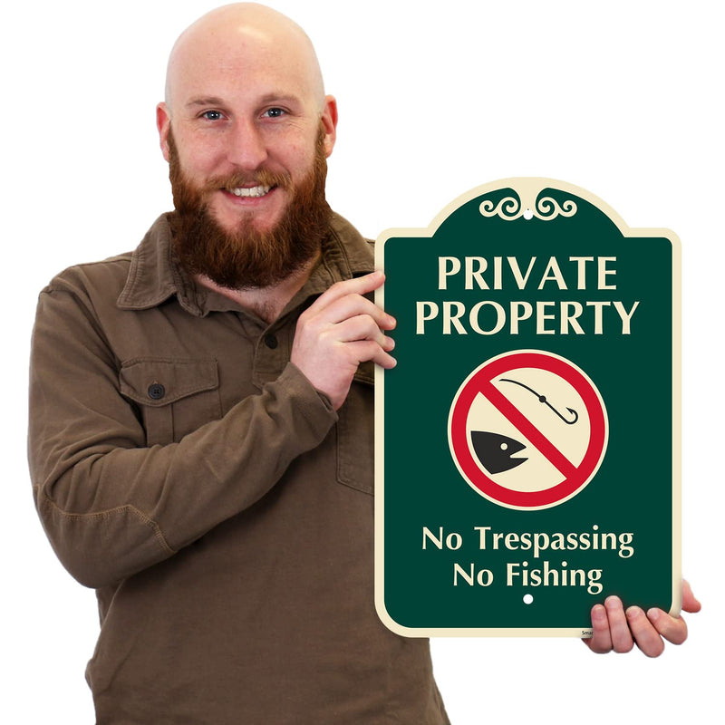 SmartSign Designer "Private Property - No Trespassing, Fishing" Sign, 12" x 18", 120 mil Aluminum Composite (ACM) with Overcoat, Red & Green, Made in USA Private Property No Fishing
