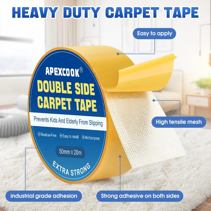 Removable No Residue Carpet Tape, Waterproof Cloth Base Double Sided Tape, Strong Grip Tape for Area Rugs, Anti-Slip Tape for Wedding/Exhibition/Hotel ﻿ (5CM*20M) 1 roll
