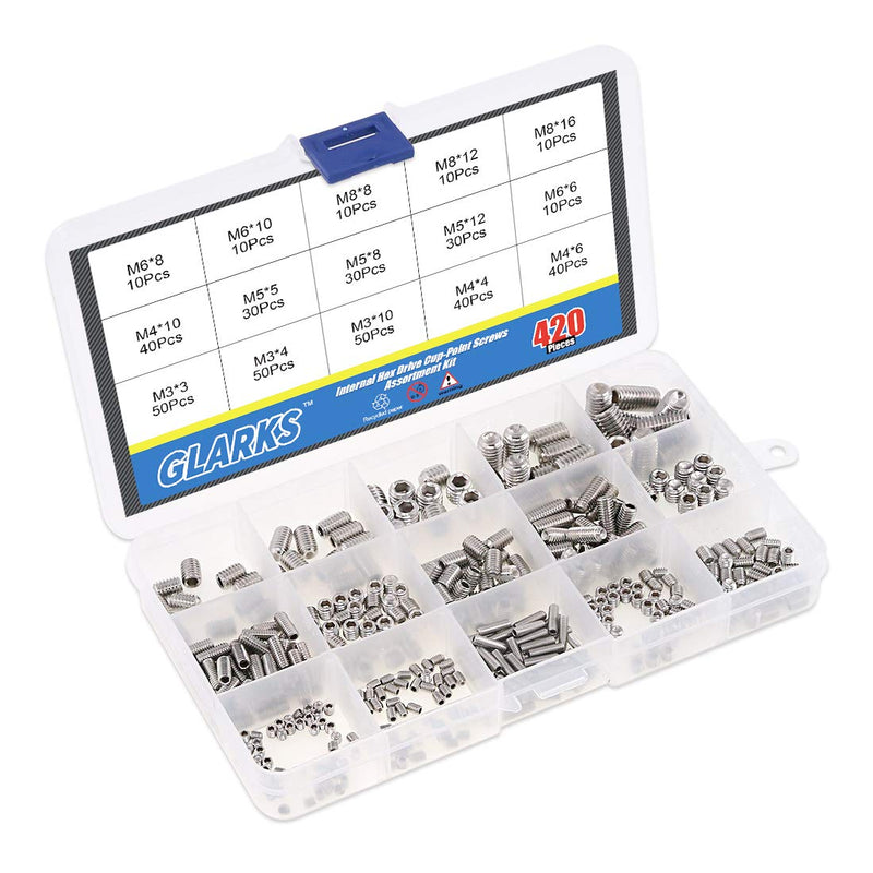 [Australia - AusPower] - Glarks 420Pcs M3/M4/M5/M6/M8 Allen Head Socket Set Screw, 304 Stainless Steel Internal Hex Drive Grub Screw Assortment Kit 