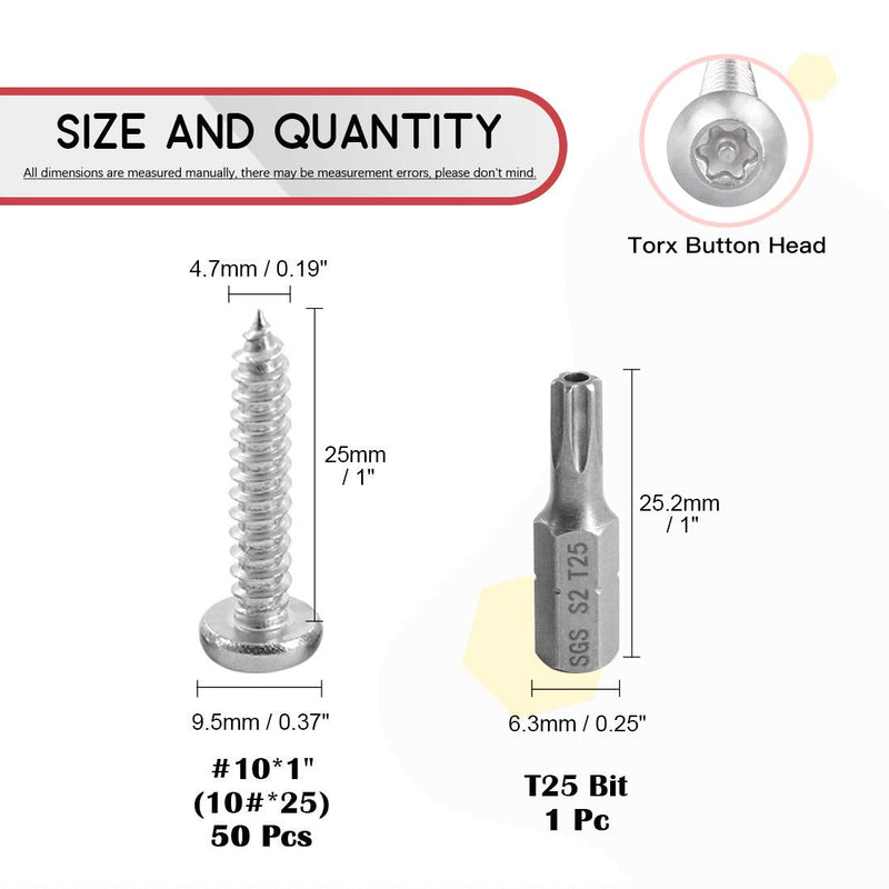 [Australia - AusPower] - Hilitchi 50 Pcs #10 x 1” Stainless Steel Button Head Torx Sheet Metal Screws Security Silver Screws Anti-Theft Tamper Proof with Bit T25 #10 x 1"-50Pcs 