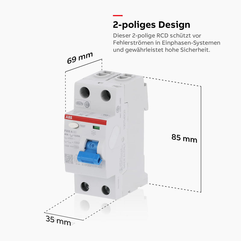 ABB Residual-Current Circuit Breaker 40 °F202A-40/0.03 | FI-Schalter zur Hutschienenmontage - Zuverlässiger Brandschutz durch 0,03A Differenzstrom Industriequalität 2CSF202101R1400 White Single pack
