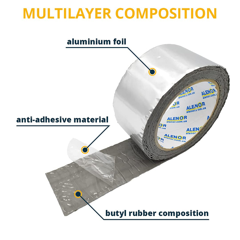 Alenor Butyl Rubber Aluminum Tape 2" inch W x 33 Feet Wall Crack Roof Leaks Waterproof Heat Resistant Tape Perfect for Sealing & Patching Hot & Cold Air Ducts Wood Metal Plastic Glass Repair 2" Inch x 33' Ft (Pack 1)
