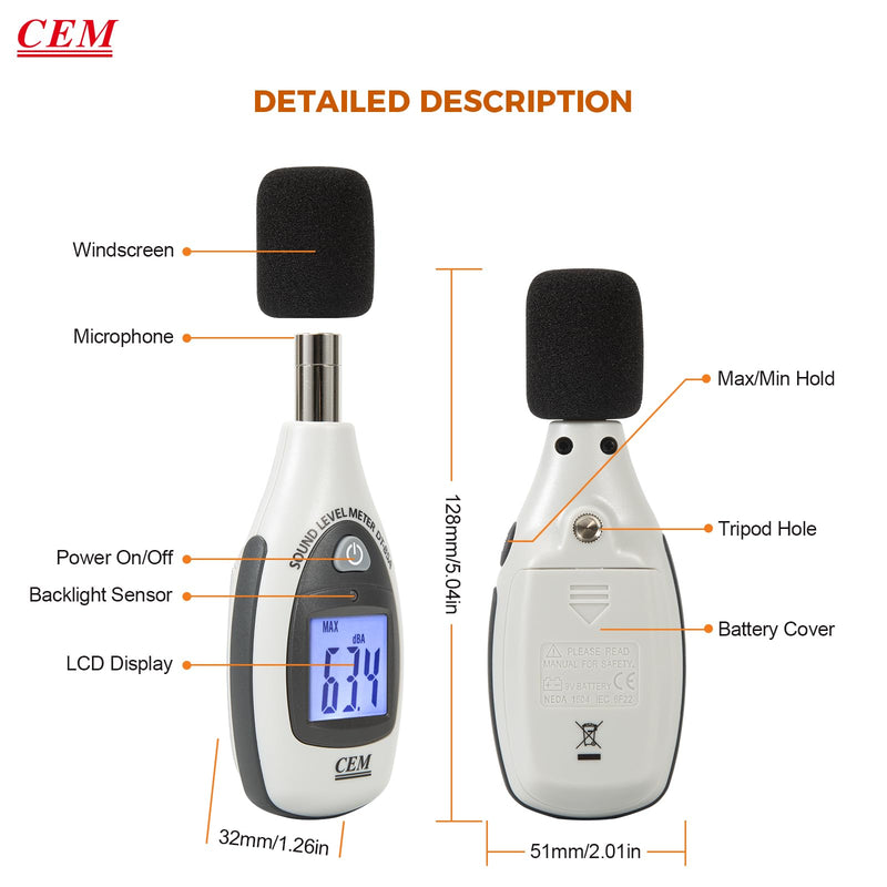 [Australia - AusPower] - Decibel Meter, CEM Digital Sound Level Meter 30 – 130 dB,31.5-8KHz,Audio Noise Measure Device Backlight MAX/MIN, Data Hold Auto Power Off Dual Ranges A Weighted for Home Factories DT-85A db Meter 