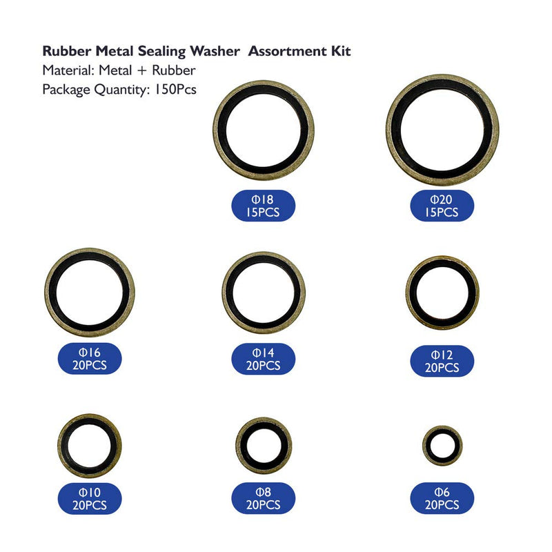 [Australia - AusPower] - 150Pcs Metal Bonded Seal Washer Assortment Kit Bonded Washer 8 Sizes M6, M8, M10, M12, M14, M16, M18, M20 