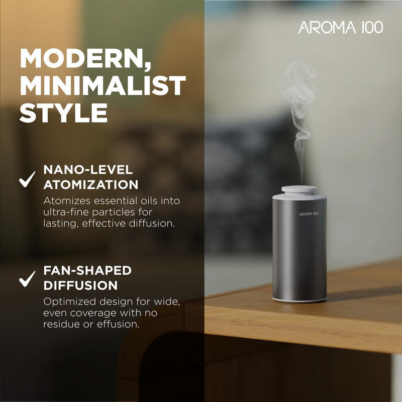 [Australia - AusPower] - Waterless Diffuser for Essential Oil, 500sq.ft Coverage Battery Operated Nebulizer Rechargeable Mini Scent Diffusers for Home Cars Room Office 3 Timers & 3 Mist Levels Grey 