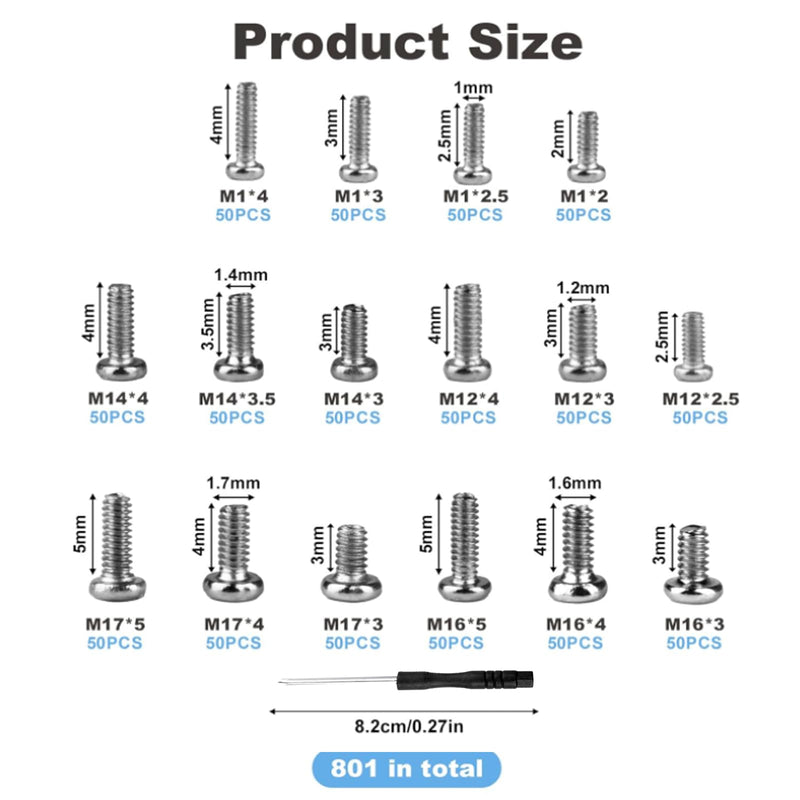[Australia - AusPower] - Tiny Screws for Electronics, 800 pcs Mini Micro Small Phillips Pan Head Machine Screws Assortment Kit for Electronic Repair, Nickel-Plated Carbon Steel, M1/M1.2/M1.4/M1.6/M1.7 