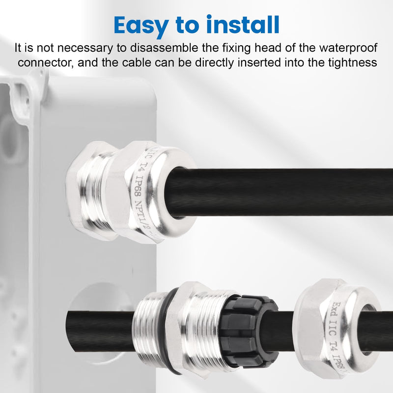 [Australia - AusPower] - 2 Pcs 1/2" NPT Stainless Steel Waterproof Cable Gland, IP68 Waterproof Adjustable Cable Glands, Strain Relief Cord Grip Connectors with Gaskets and Locknut for 6-12mm Cable Diameter 