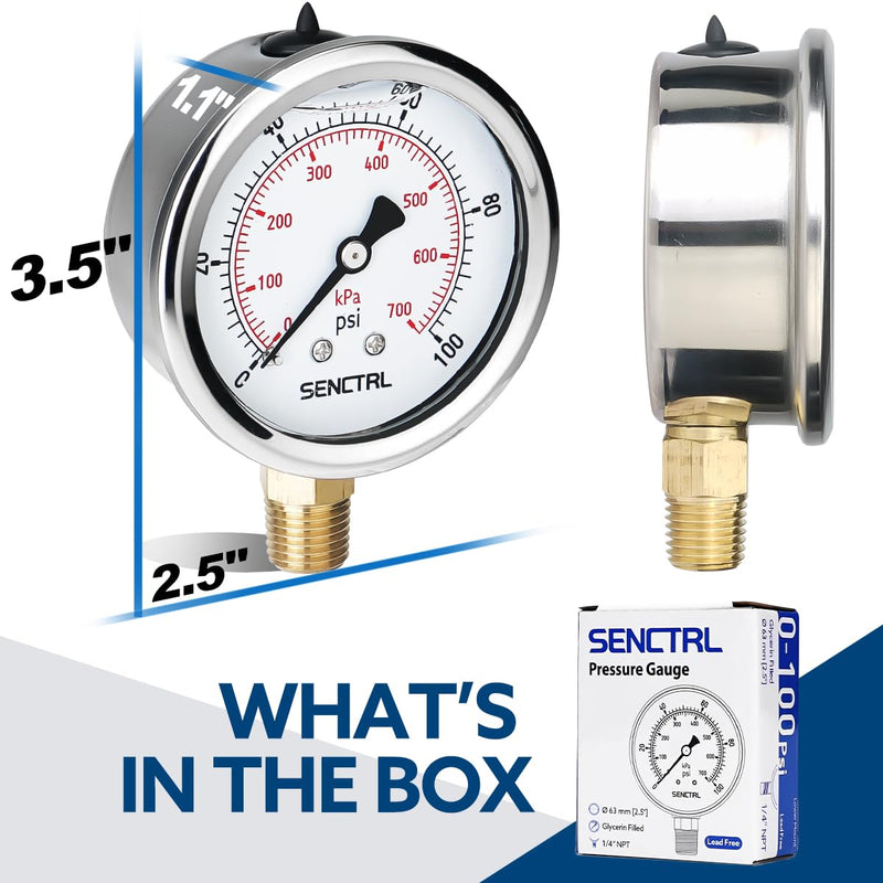[Australia - AusPower] - 100 Psi Lead-Free Glycerin Liquid Filled Low Pressure Gauge, 2.5" Dial Size, 1/4" NPT Lower Mount, Stainless Steel Case, for Home Potable Water Pump, Air, Well, RV Hose, Pressure Test 0-100Psi Lower Mount (Lead Free) 