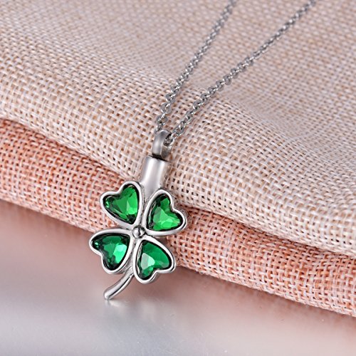 COCO Park Lucky Four Leaf Clover Cremation Jewelry - Green Diamond Stainless Steel Urn Necklaces for Ashes