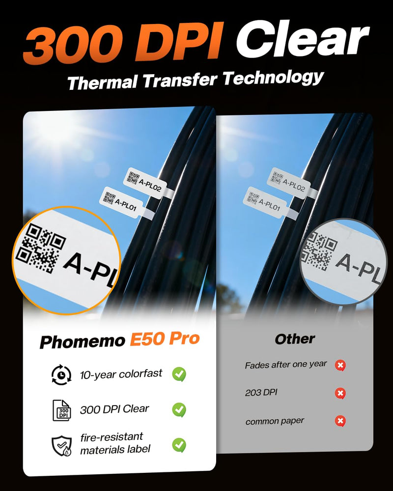 Phomemo PET Cable Label for E50RPO, All-Weather Indoor/Outdoor, Square Self-Adhesive 0.98"x1.49"(25x38mm), 90 Labels/Roll, Black on Yellow Tape 0.98"x1.49"
