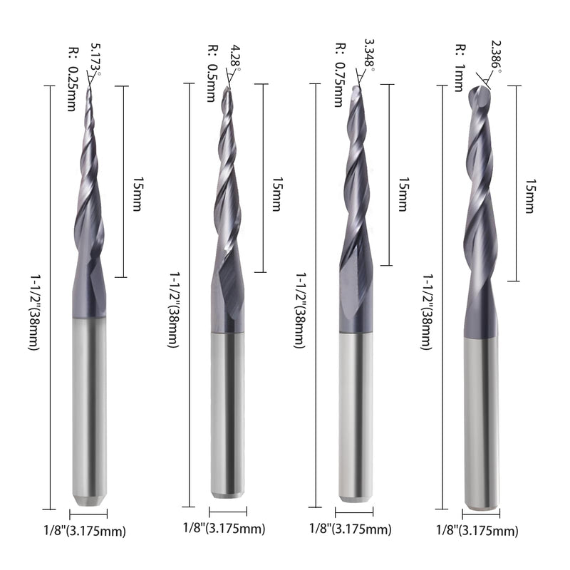 [Australia - AusPower] - Tapered End Mill Cone Ball Nose Carbide Bit CNC Cutter 4Pcs/Pack R0.25~1.0 Tip 1/8" Shank CNC Spiral Router Bits 2 Flutes Tapered Ball Nose Bits for Engraving Milling 3D Relief Carving 