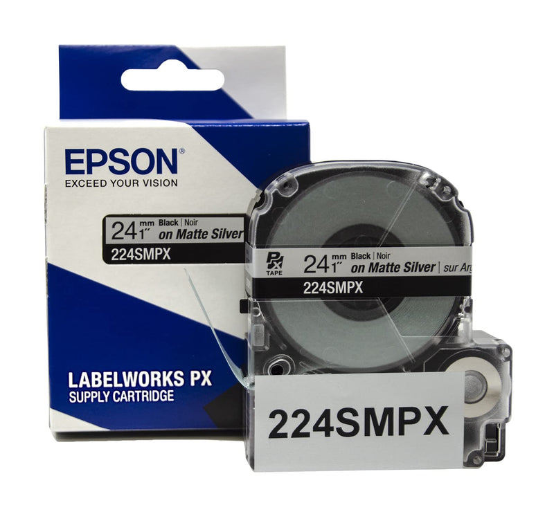Epson LABELWORKS 224SMPX Genuine PET (Polyester) Tape Cartridge - Black on Silver Matte Label Maker Tape - 1" (24MM) Wide, 30'