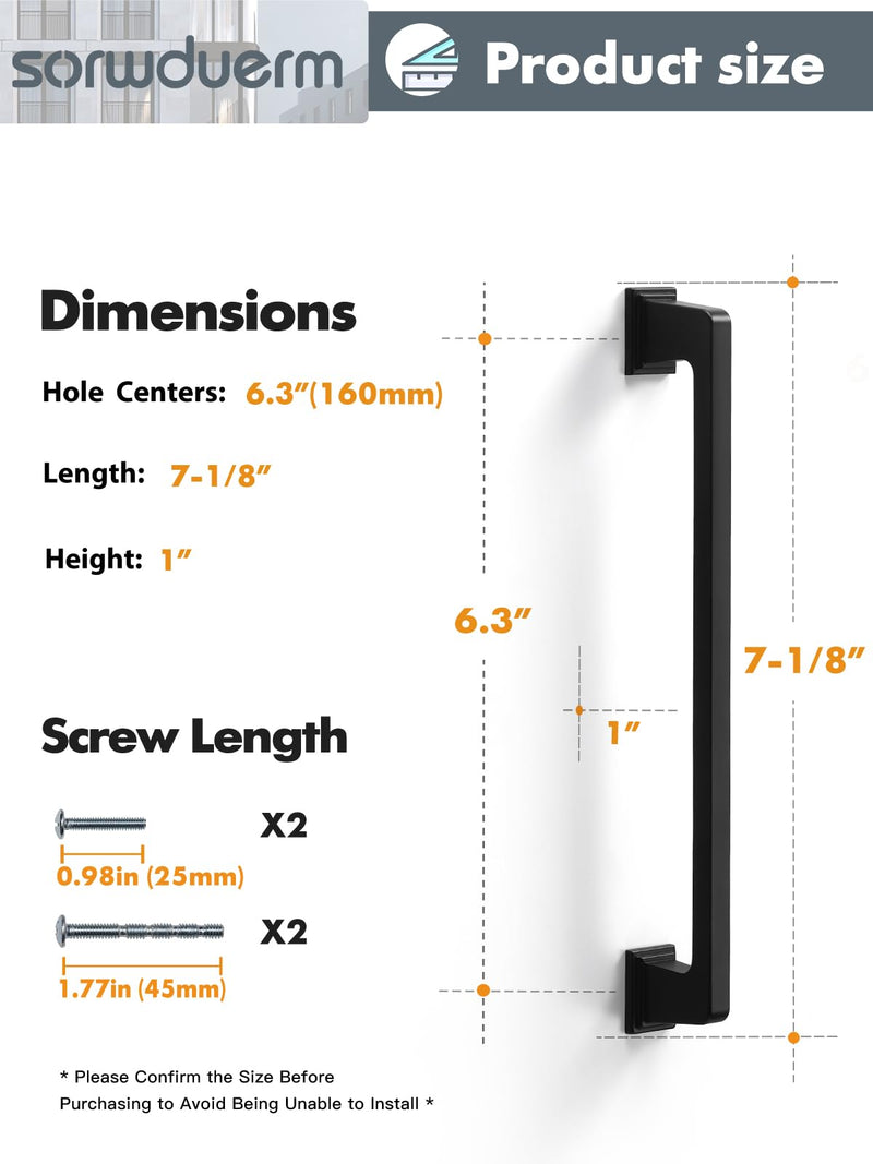 5 Pack Black Cabinet Pulls Square 6.3"(160mm) Hole Center Matte Black Cabinet Handles Drawer Pulls Cupboard Kitchen Hardware 5 Pack
