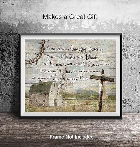 Bible Verse Farmhouse Decor - Amazing Grace Scripture Wall Decor - Rustic Farmhouse Style Boho Wall Art - inspiring Christian Gifts for Women - Jesus Christ Country Decoration - Religious Barn Picture