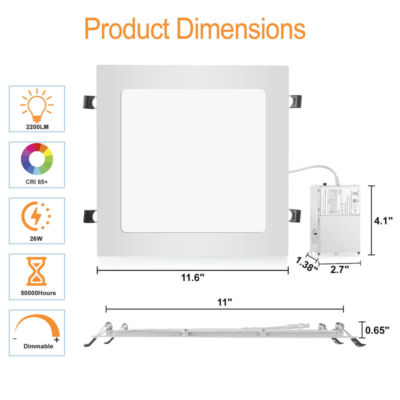LZHOME 11 inch 26W Square LED Recessed Light, 3 Color Temperature Selectable & Dimmable Lamp, 2200 Lumens Ultra Thin Led Canless Downlight Lighting with Junction Box for Living Room Kitchen Bedroom… White-1-PACK 11Inch