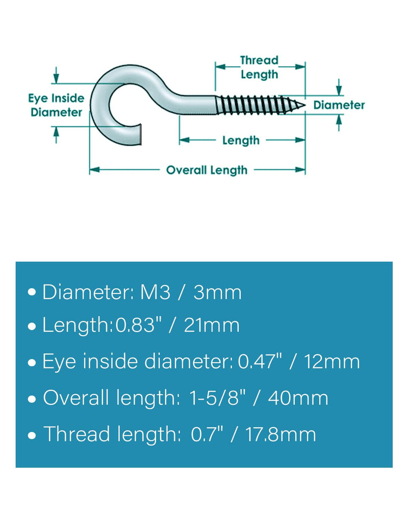 [Australia - AusPower] - 50 Pcs 1-5/8 Inch Eye Hooks Screw in Heavy Duty, Stainless Steel 304 M3 Eye Bolts Screw, Anti-Rust Self Tapping Eye Lag Screws Eyelet Screw for Wood, Securing Cables Wires | by IMSCREWS M3 x 1-5/8" 50 