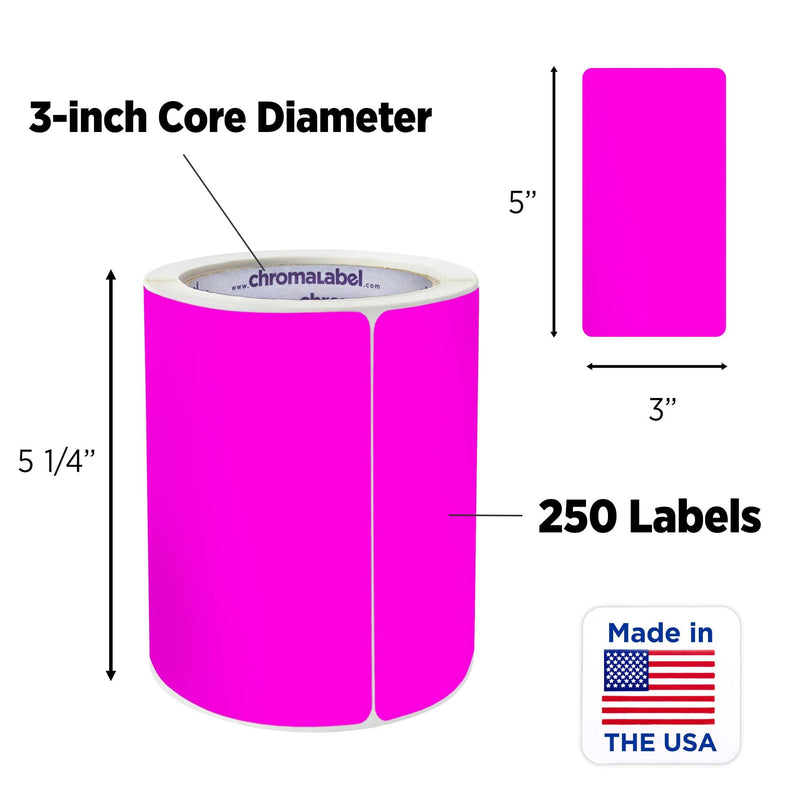 ChromaLabel 3 x 5 inch Permanent Color Code Rectangle Labels, 250 Stickers per Roll, Fluorescent Pink