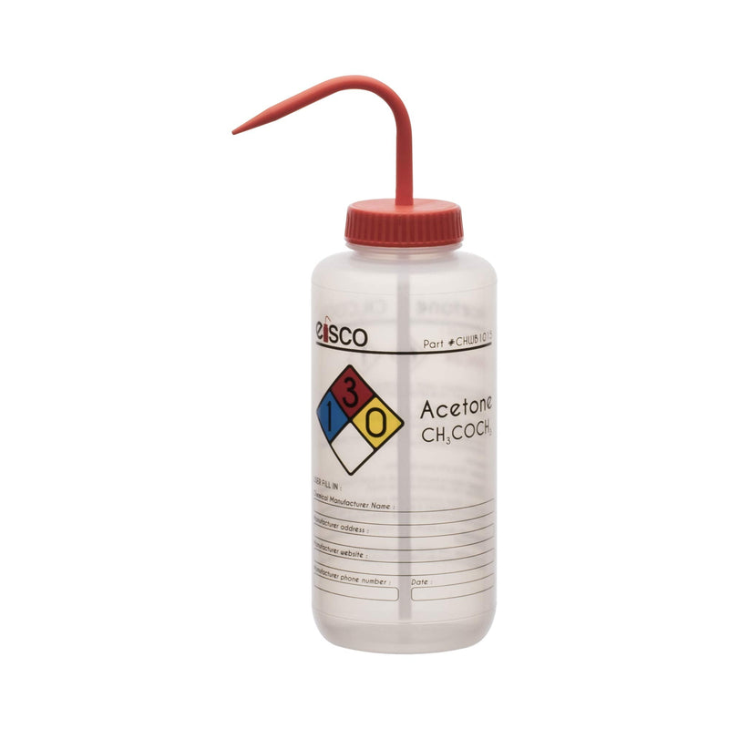 EISCO - Acetone Wash Bottle, 500mL, Low Density Polyethylene, Self-Venting, Color-Coded Chemical & Safety Label, Wide Mouth, Leak-Proof Cap with Nozzle, Laboratory Dispensing Bottle, Red Cap 1