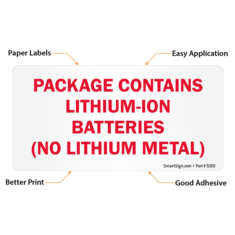 SmartSign 'Package Contains Lithium-Ion Batteries No Lithium Metal' Shipping Labels - 250/Roll, 2" x 4", Semi-Gloss Paper Stickers, DOT-Compliant Warning Labels for Transportation, Red/White