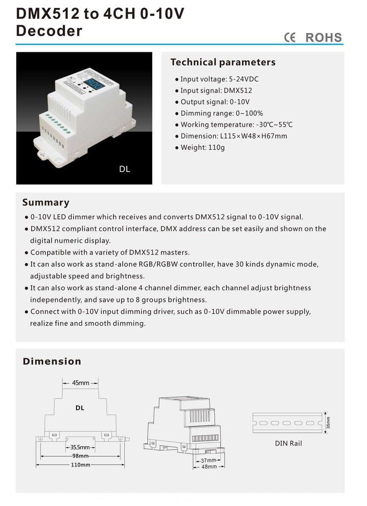 DMX512 to 4CH 0-10V Decoder 0-10V LED Dimmer DMX512 Signal to 0-10V Signal RGB/RGBW Controller 4 Channel Dimmer 5-24V Dl