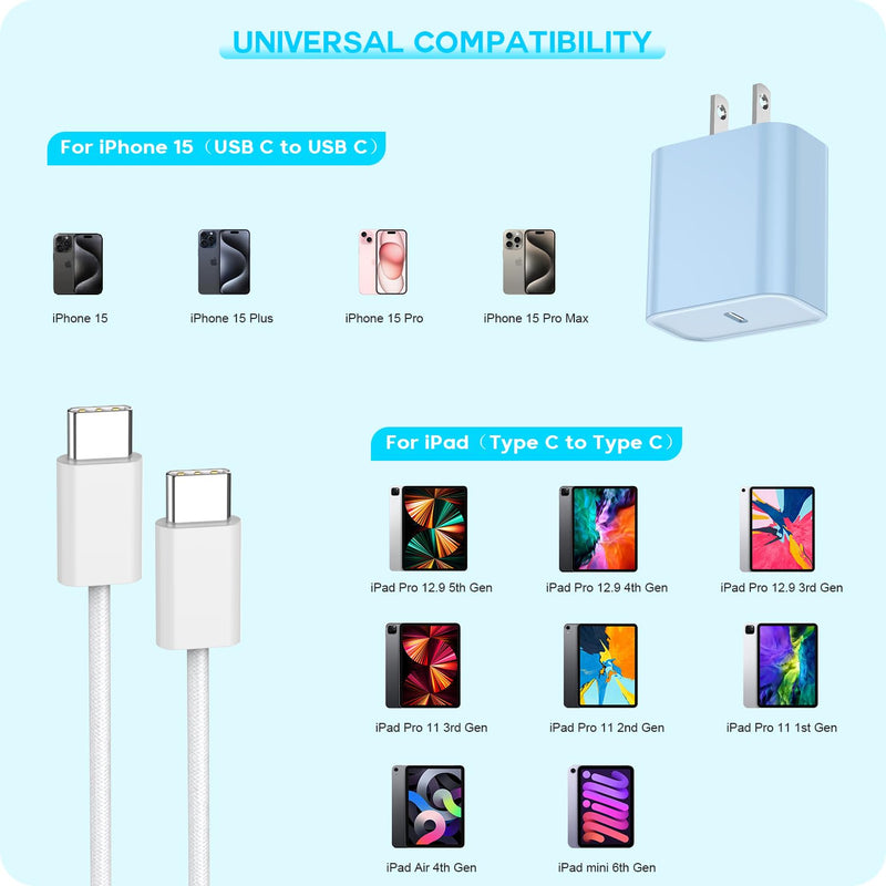 【Apple MFi Certified】20W USB C Fast Charger iPhone 17 16 15 Charge Block 3Pack 6 FT TypeC Fast Charger Cable for iPhone 17/17 Pro/17 ProMax/iPhone 16/16 ProMax/15 Plus All USB C Charging Devices(Blue) Blue