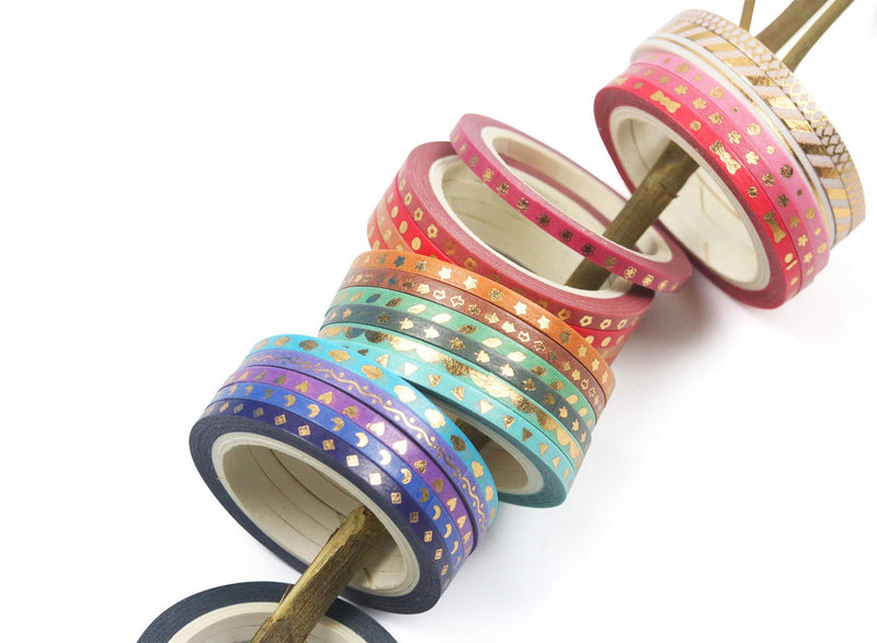 YUBBAEX 24 Rolls Skinny Washi Tape Set Gold Foil Print Decorative Tapes for Arts, DIY Crafts, Journals, Planners, Scrapbooking, Wrapping (Slim 3mm) Slim 3mm