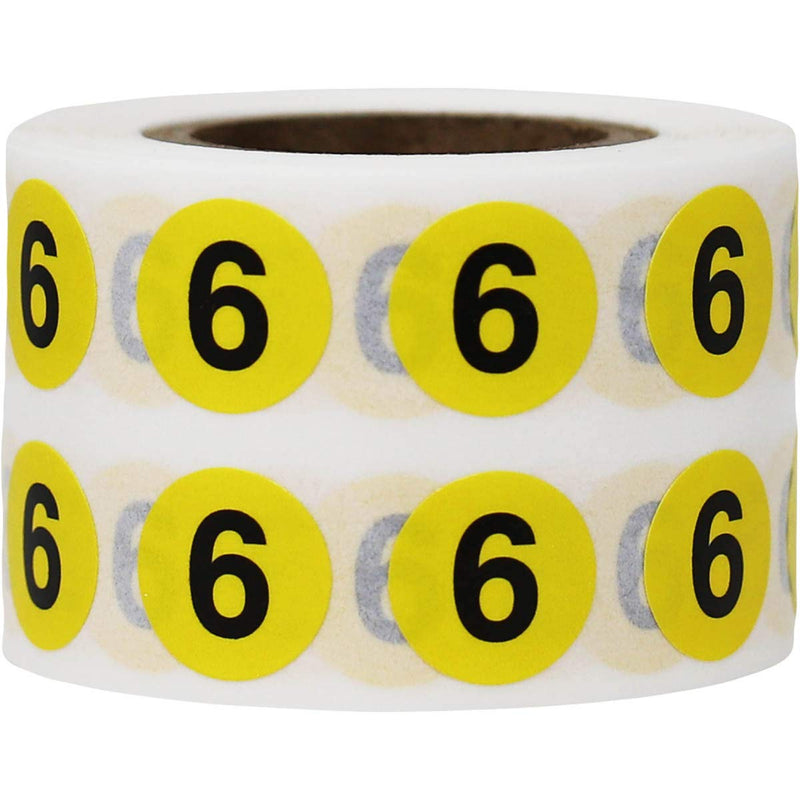 Yellow Circle Number 6 Stickers 0.50 Inch Round 1000 Labels on a Roll