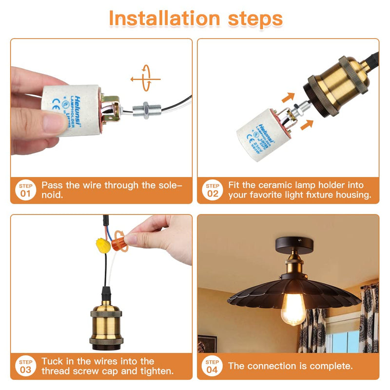 [Australia - AusPower] - E26 E27 Ceramic Light Socket, Helunsi Medium Base Porcelain Lamp Holder, Ceramic Light Bulb Socket with 12" Wire Lead, Medium Base Lampholder for Incandescent Led Light Bulbs Replacement (Pack of 4) Conventional Ceramic 