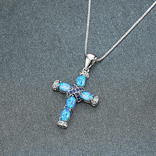 Blue Opal Cross Crucifix Necklace,Simple Birthstone Saint Cross Necklace