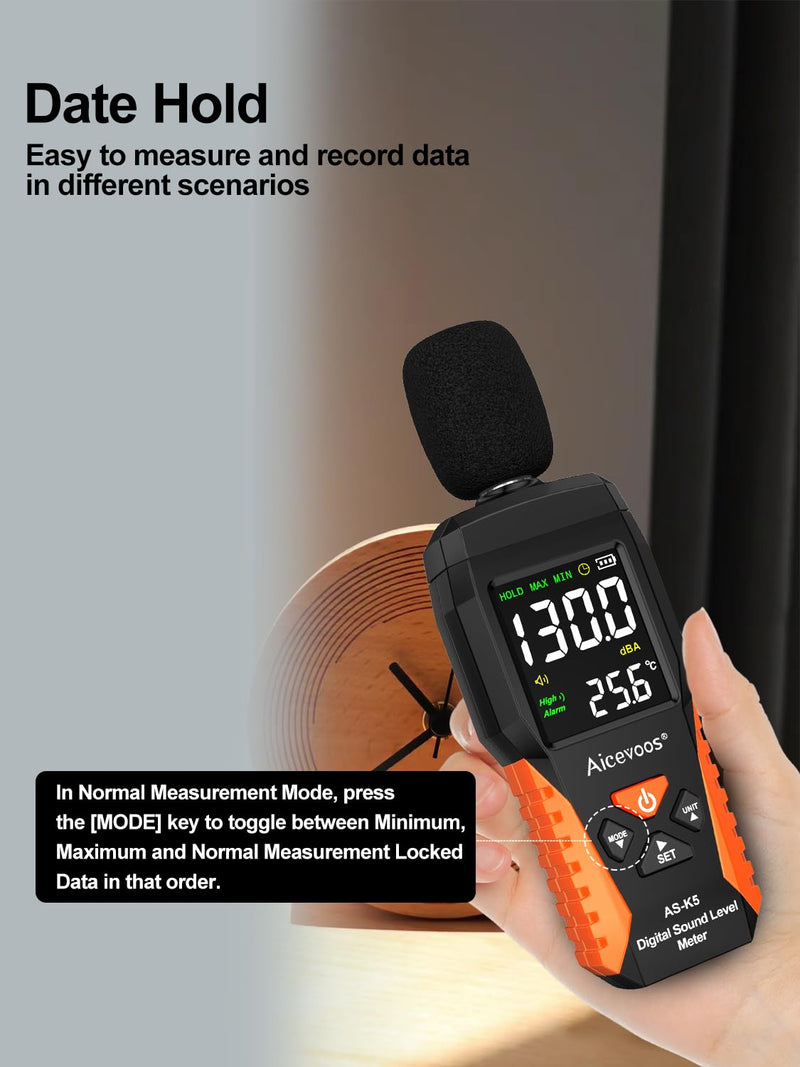 [Australia - AusPower] - Decibel Meter Portable Sound Level Meter dB Meter decibel sound Meter Measuring 30~130 dB, Audible and Visual Alarms, MAX/MIN Noise Measurement 