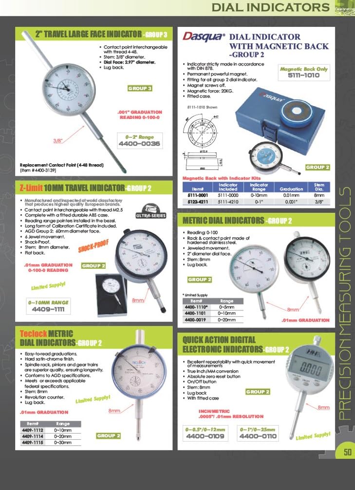 [Australia - AusPower] - Dasqua 5122-4210 0-1" Lug Back Large Measuring Range Dial Indicator Jeweled 0-1" / 0.001" - Lug Back 