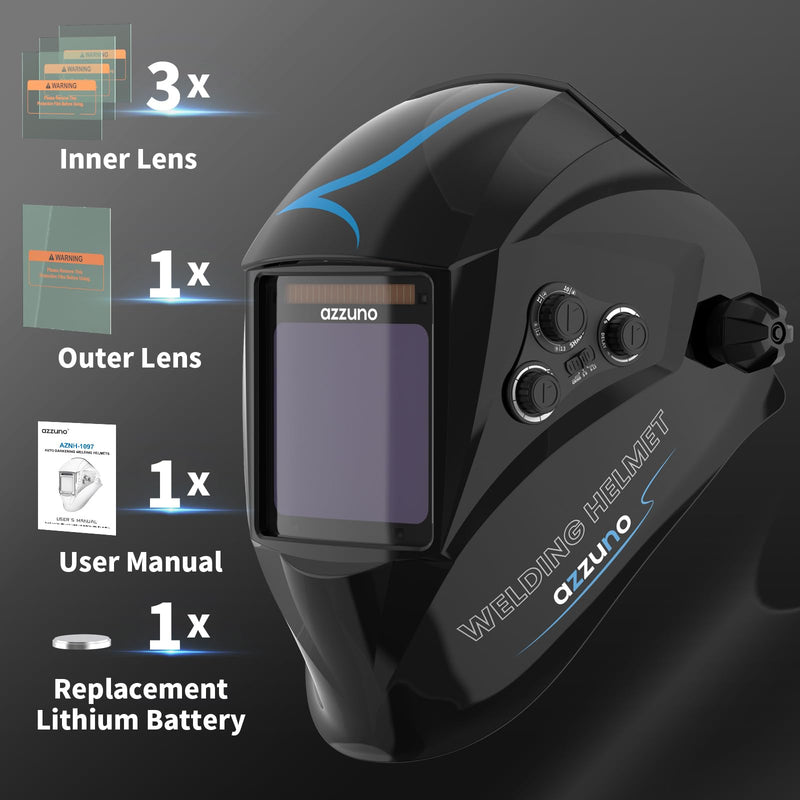 AZZUNO Welding Helmet Auto Darkening, True Color Large Viewing 3.94"×3.82", Solar Powered Welding Hood Mask with Wide Shade 4/5-9/9-13 for TIG/MIG/Stick Weld/Cut/Grind AZNH-1097 3.94"×3.82"