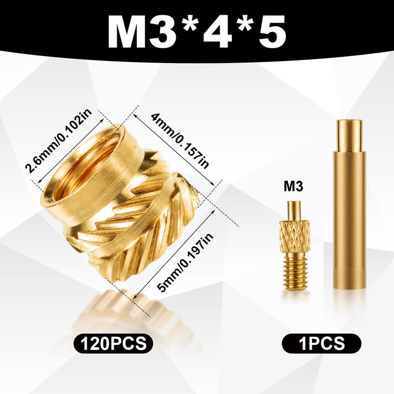 [Australia - AusPower] - 120pcs 3D Printing Brass Nuts, M3x4x5mm Threaded Inserts Heat Set Insert Tip for M3 & 1 Welding Adapter Heat Embedment Nut Printing Accessories Compatible with Weller SP40NUS and T18 Irons Medium 