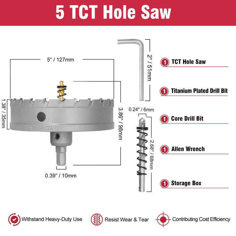 5 Inch Carbide Hole Saw with Titanium Plated Center Drill Bit, Heavy Duty TCT Hole Saw Metal Hole Cutter for Stainless Steel Iron Copper Brass Aluminum Alloy 5 inch