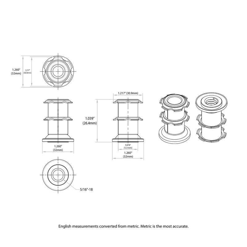 [Australia - AusPower] - Outwater Industries Double Star Threaded Caster Insert | Heat Treated Steel | Fits 1-1/4 Inch Round 16-18 Gauge Tube | Thread: 5/16-18 | 20 Pack 
