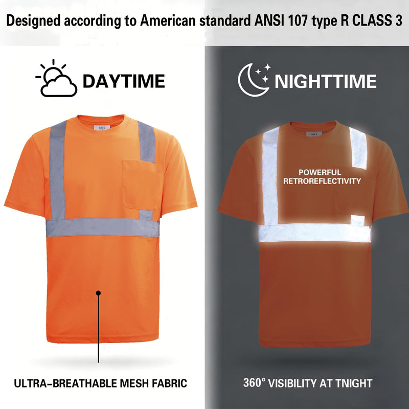 High Visibility Safety Shirts for Men,Short Sleeve, Quick Dry Birdeye, Reflective Tape, Construction Work Shirt Orange X-Large