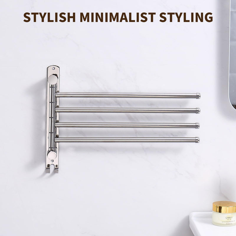 Swivel Towel Rack, 14" Thicken 304 Stainless Steel 4-Arm Adjustable Towel Bar,Wall Mounted Towel Holder with Hook, Space Saving for Kitchen, Bathroom, Outdoor (Silver, 4 Arms) Silver 4-arms