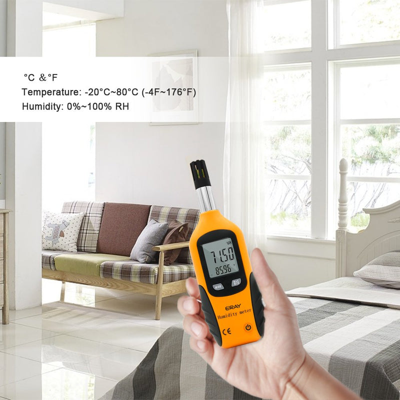 [Australia - AusPower] - Digital Psychrometer Thermometer Hygrometer with Backlight, ERAY Temperature and Humidity Reader Meter Thermo-Hygrometer with Dew Point and Wet Bulb Temperature, 9V Battery Included(Yellow) Yellow 