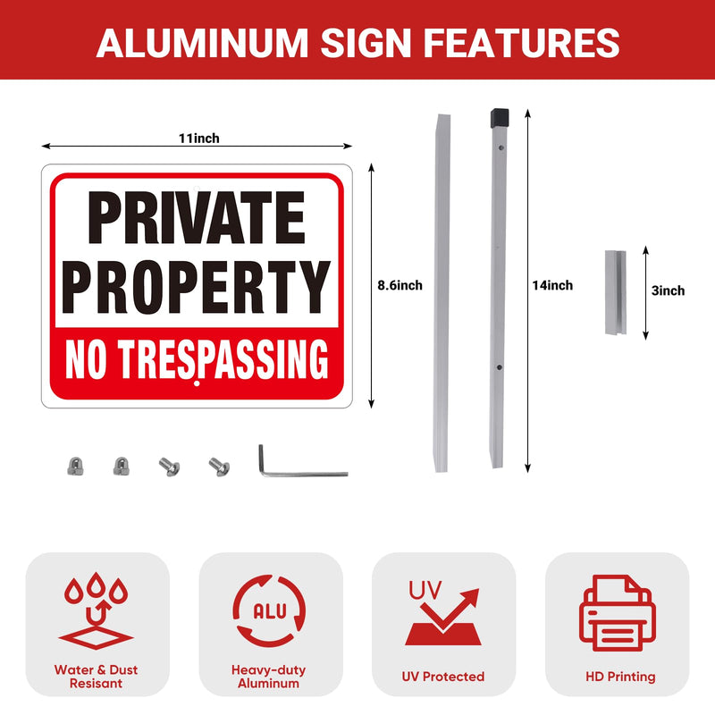 MUXYH 2 Pack Private Property No Trespassing Signs with Metal Stakes, 11'' X 8.6'' Sturdy Rust Free Aluminum, No Trespassing Sign Protect Your Home, Safety and Privacy, Fade Resistant, Weatherproof 2 Pack - 11'' X 8.6''