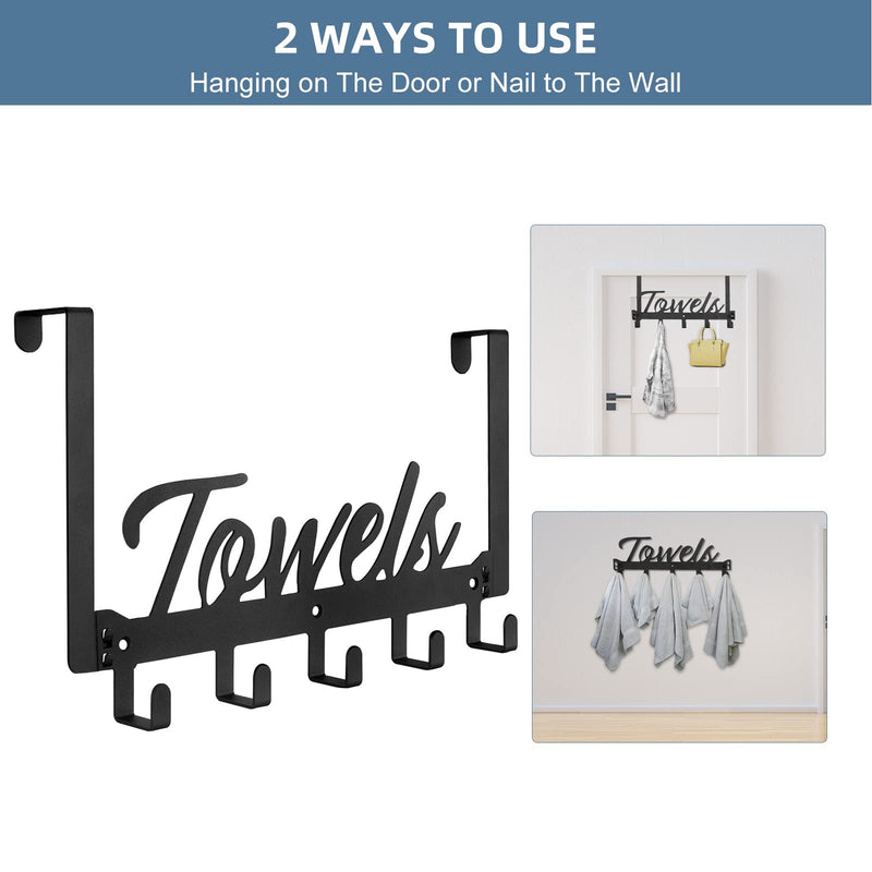 [Australia - AusPower] - Over The Door Hooks, Towel Rack Towel Hooks for Bathroom Towel Holder for Hanging Heavy Duty, Wall Mount Towel Hanger Door Hanger with 5 Hooks for Bedroom Bathroom Kitchen Black 