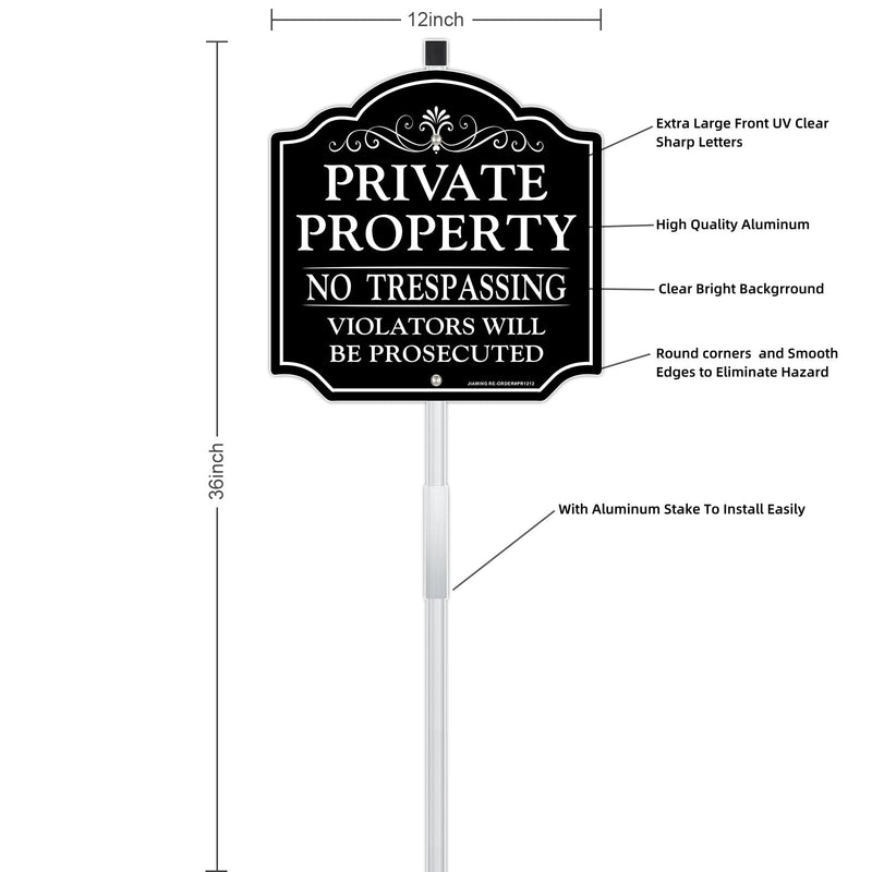 JIAMING No Trespassing Signs with 36" Stakes (2-Pack) 12x12 Inch Heavy-Duty Aluminum Private Property Sign | Violators Prosecuted Warnings, UV-Fade Proof and Weather Resistance.Easy to Mount.