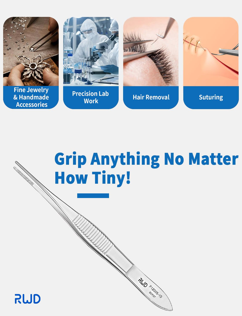 [Australia - AusPower] - RWD IRIS Dressing Forceps 4", Martensitic Stainless Steel Medical Tweezers, 1mm Width Serrated Straight Tip, Micro Forceps Tweezer, Surgical Tweezer for High-Precision Handling (F12005-10) 4'' (F12005-10) 