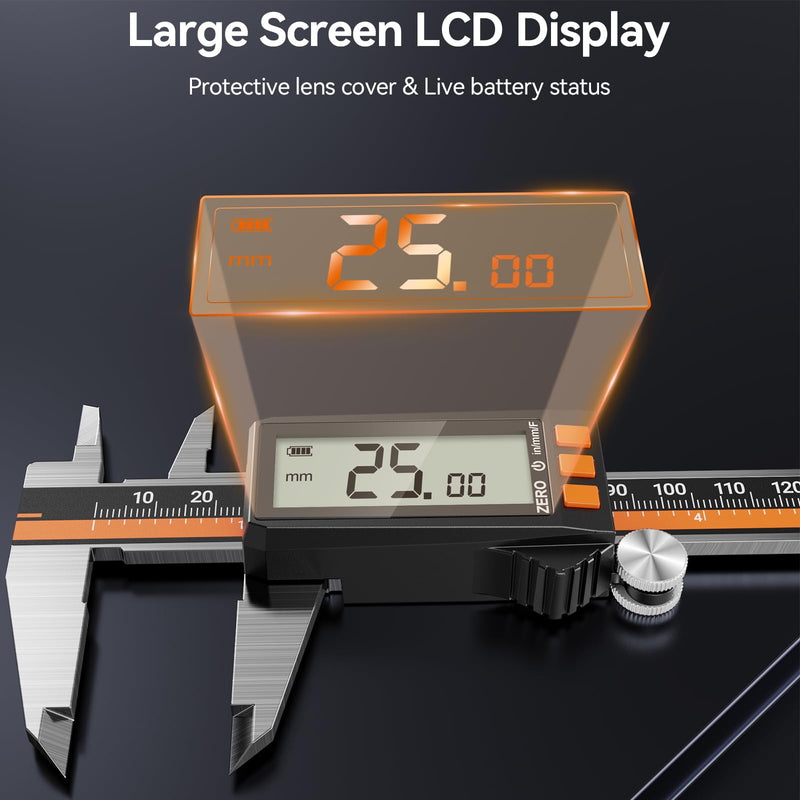 Preciva Digital Caliper 6", Rechargeable Stainless Steel Micrometer | Type-C charging, durable steel body, large LCD with auto-off saves power, in/mm/frac, for 3D-printing machining woodworking 6 Inch